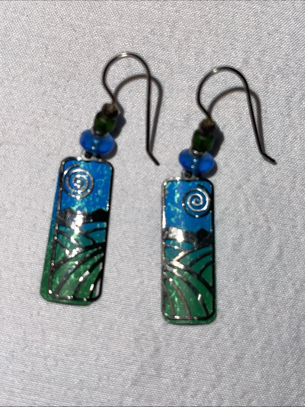 Adajio Green Valley & Blue Sky Enamel Dangle Earrings Boho Artisan